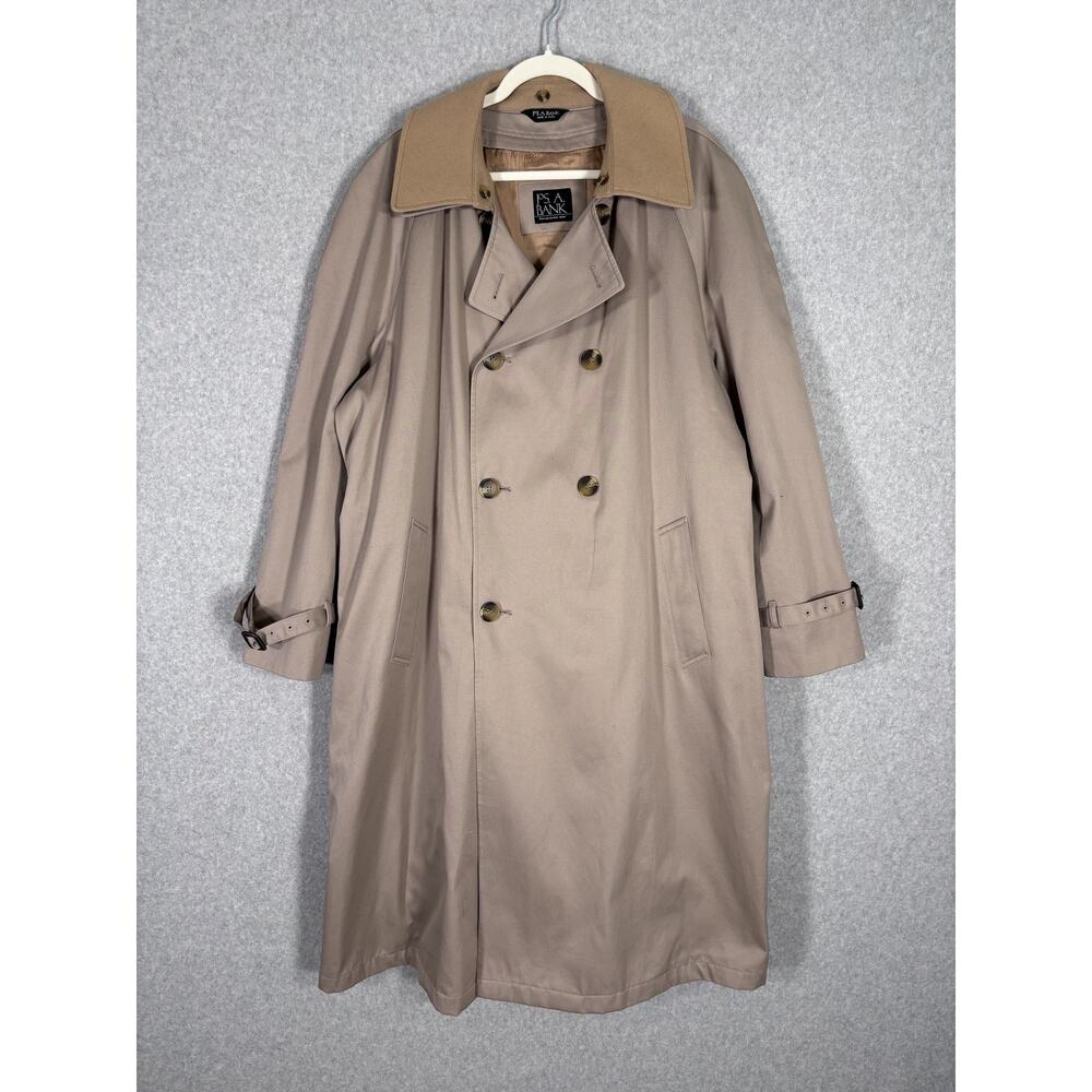 Vintage Jos A Bank Trench Coat Mens 42R Tan Cotton Wool Belted Removable Liner